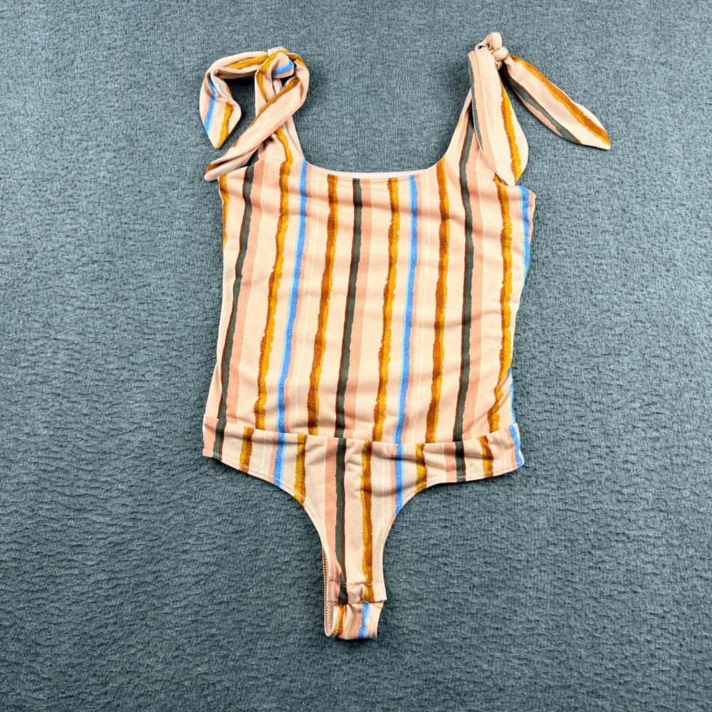 BCBGeneration Bodysuit Women's XXS Pink Orange Striped Sleeveless Tie‎ Shoulder